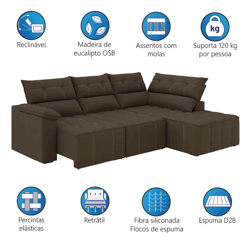 Sofá de Canto 3 Retrátil e Reclinável Lugares Santorini